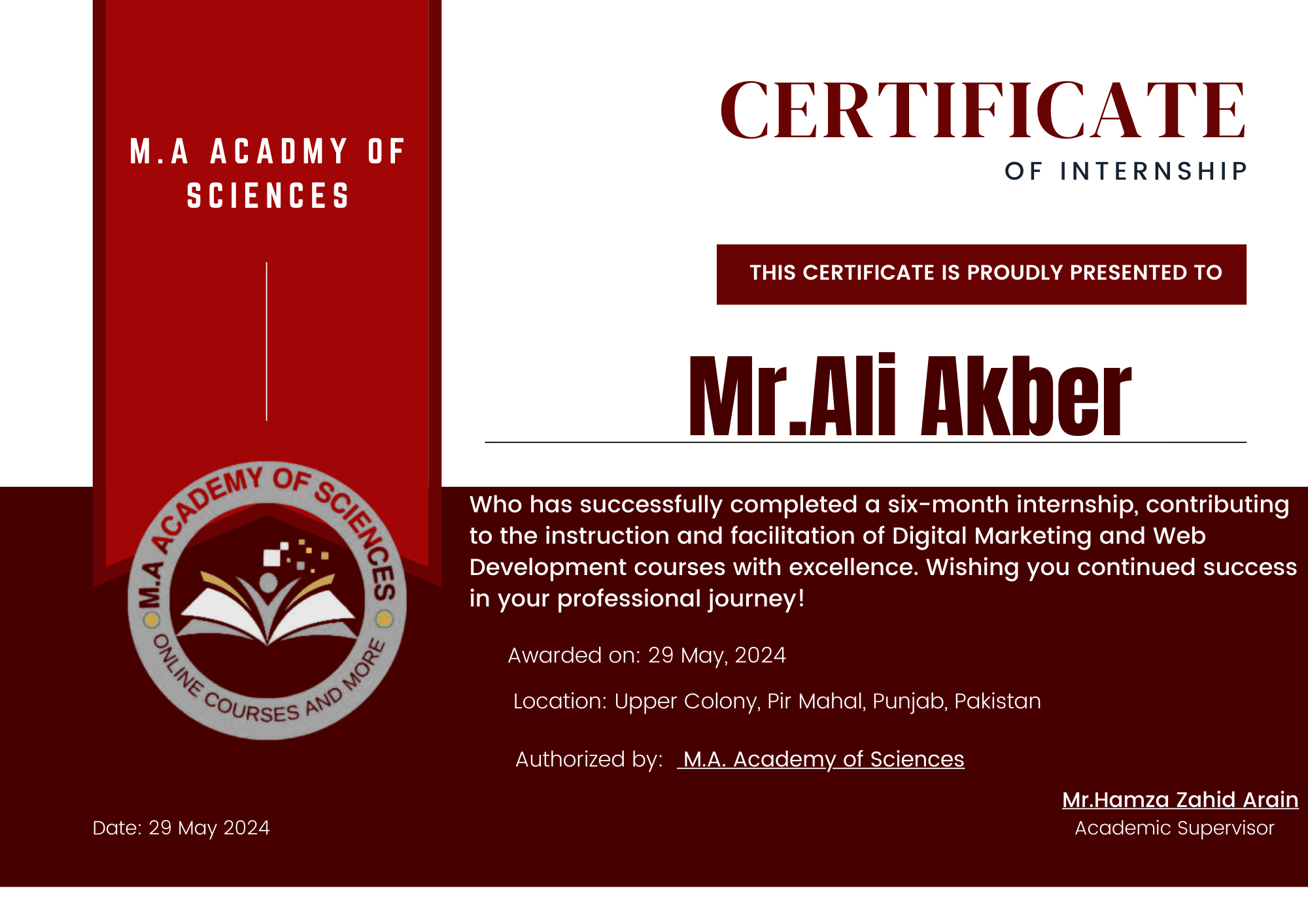 Internship – M.A Academy of Sciences